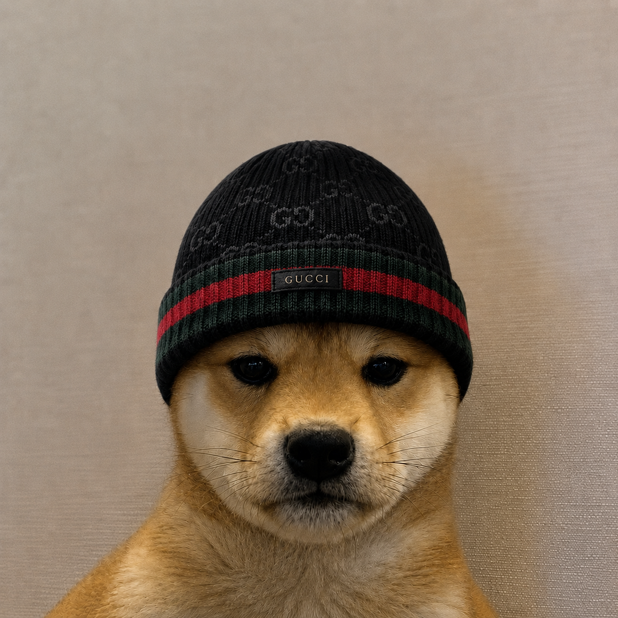 Dog Wif Gucci wearing a black knit beanie with green and red stripe